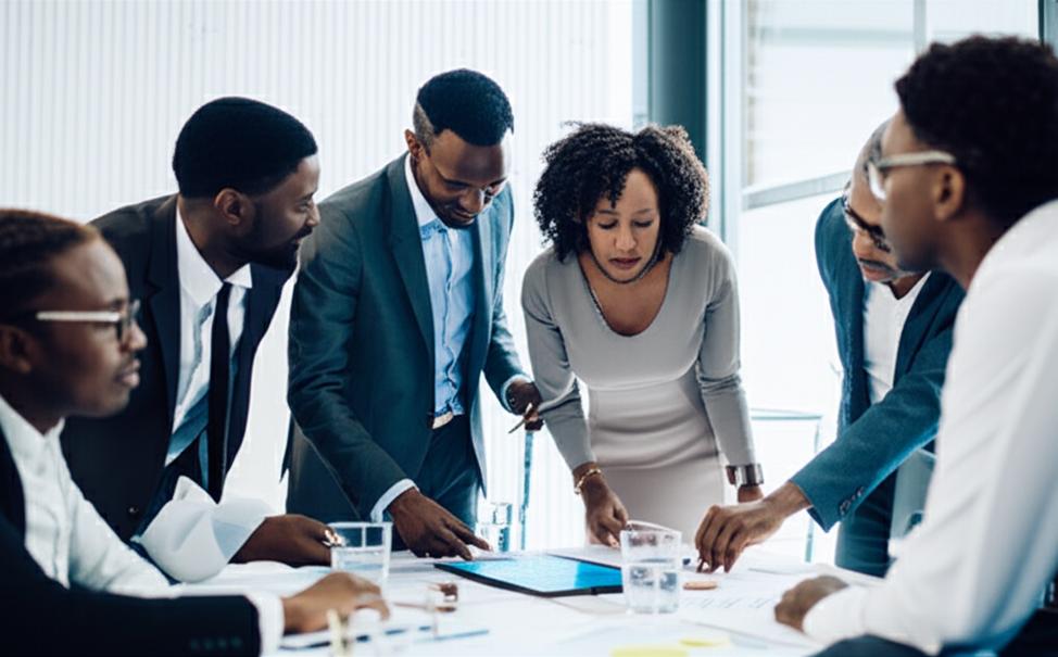 Chuyên gia kinh doanh hợp tác, thảo luận chiến lược B2B trong văn phòng hiện đại.