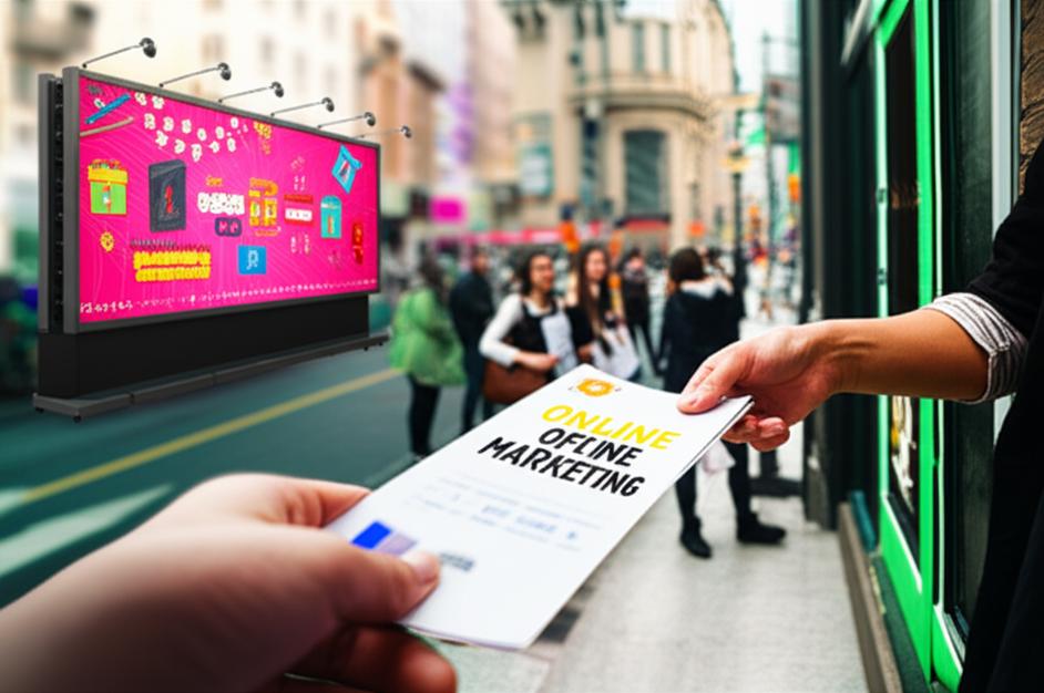 Bứt phá doanh thu với chiến lược Marketing Ngoại Tuyến hiệu quả 3 A montage of offline marketing activities, including billboards, street events, and direct engagement, set against an urban backdrop.
