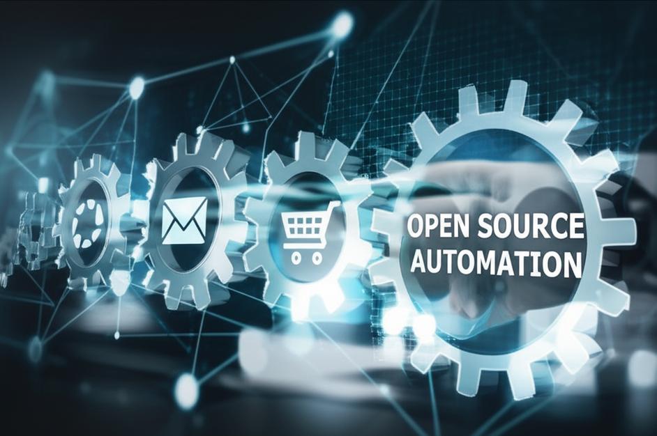 Tự Động Hóa Với Phần Mềm Mã Nguồn Mở: Nâng Tầm Doanh Nghiệp 4 Minh họa khái niệm tự động hóa mã nguồn mở với các yếu tố kết nối và biểu tượng quy trình.