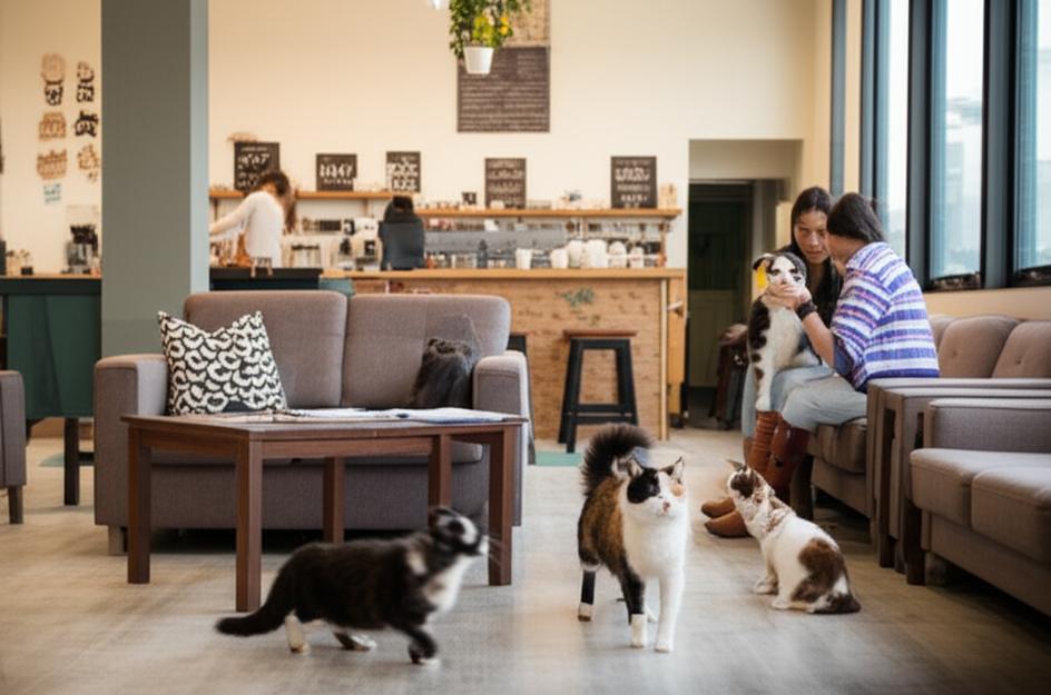Quán Cafe Thú Cưng: Thiên Đường Cho Yêu Động Vật và Góc Thư Giãn Độc Đáo 7 Nội thất quán cafe thú cưng ấm cúng, nhiều thú cưng và khách hàng vui vẻ.