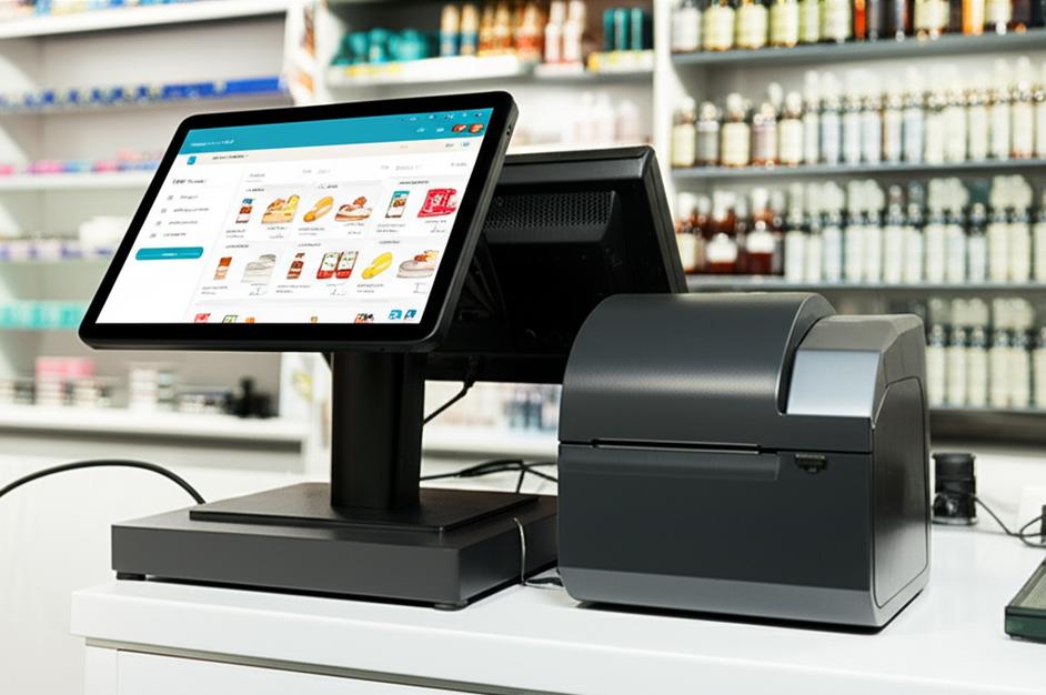 Phần Mềm Bán Hàng Offline: Giải Pháp Tối Ưu Kết Nối Máy Tính Tiền và Máy In Hóa Đơn 8 Quầy giao dịch cửa hàng với máy tính tiền, máy in hóa đơn và giao diện bán hàng thân thiện.