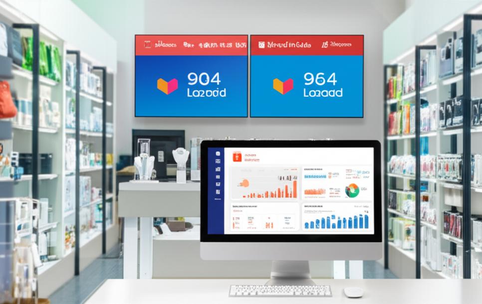 Cửa hàng phụ kiện công nghệ cao với màn hình hiển thị phần mềm bán hàng tích hợp sàn TMĐT.