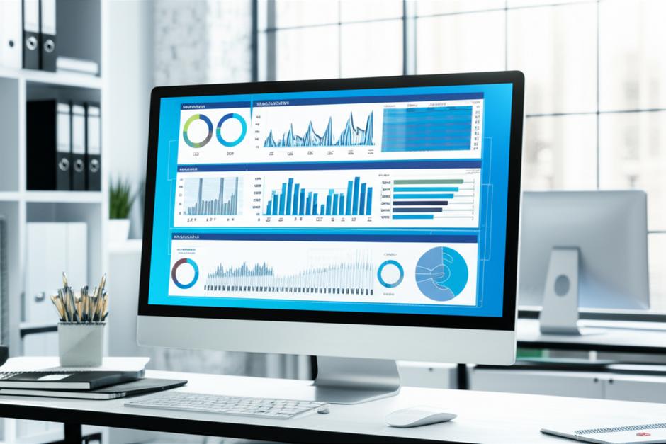 Màn hình phần mềm quản lý kinh doanh với biểu đồ doanh thu và kho hàng.