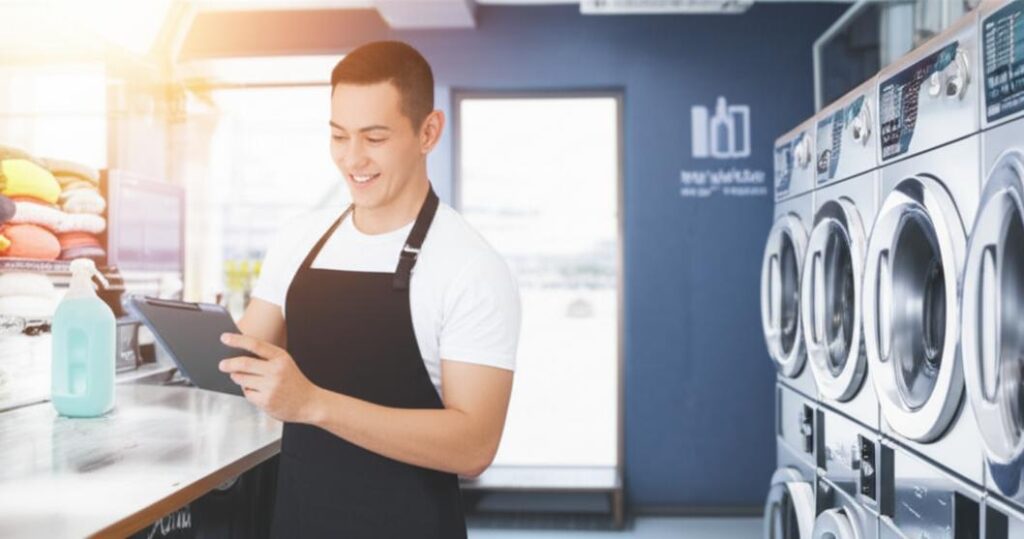 Phần Mềm Giặt Sấy Thông Minh: Giải Pháp Tối Ưu Cho Doanh Nghiệp Giặt Là 8 Tiệm giặt là hiện đại với nhân viên quản lý đơn hàng bằng máy tính bảng.