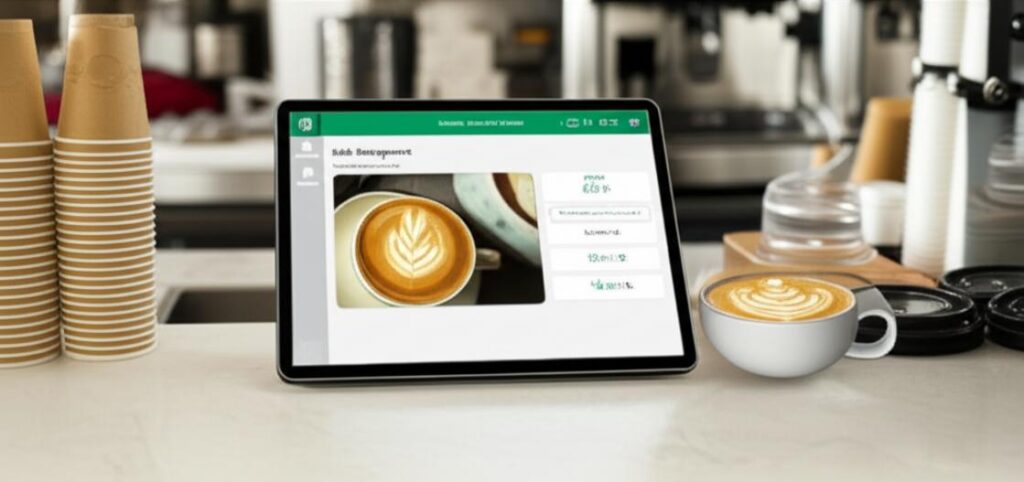 Quầy cafe take away hiện đại với phần mềm quản lý Ebiz, ly cafe latte art và vật dụng mang đi.