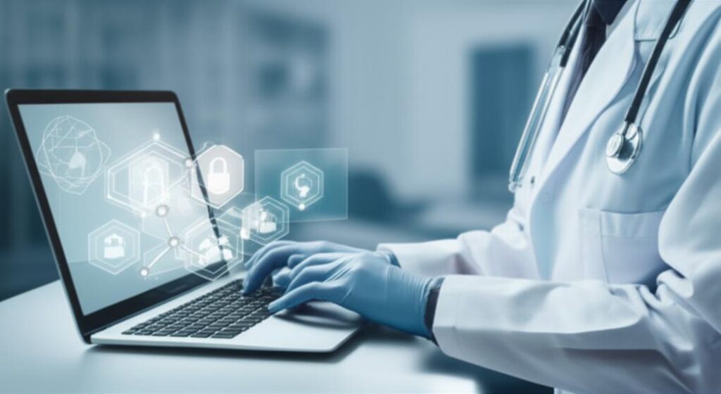 Chuyên gia y tế sử dụng phần mềm quản lý dữ liệu y tế offline trên máy tính.
