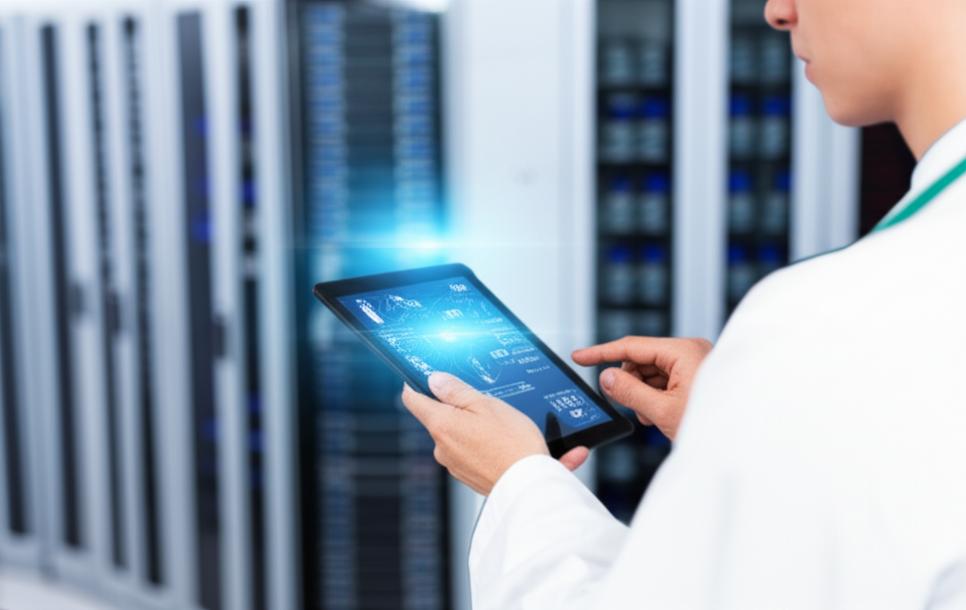 Chuyên gia y tế xem hồ sơ bệnh án điện tử trên máy tính bảng, với hệ thống máy chủ offline phía sau.