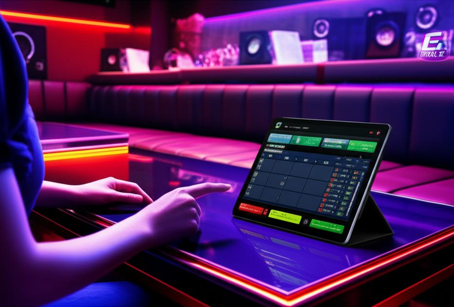 Tải Phần Mềm Quản Lý Karaoke Chuyên Nghiệp: Bí Quyết Nâng Tầm Kinh Doanh 8 Giao diện phần mềm quản lý karaoke Ebiz trên máy tính bảng trong phòng karaoke hiện đại.