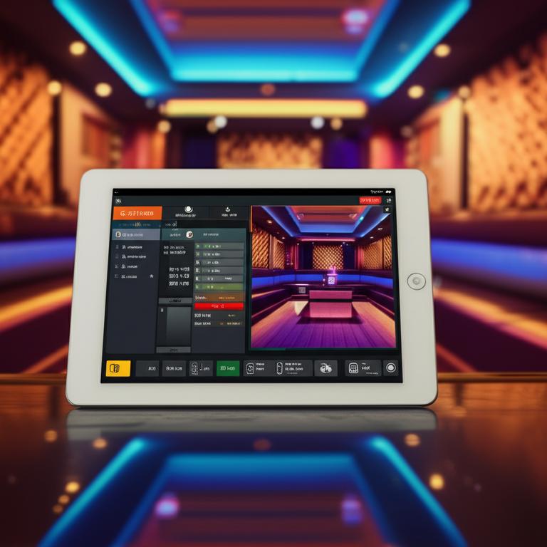 Giao diện phần mềm quản lý karaoke trên máy tính bảng, hiển thị trạng thái phòng và order.
