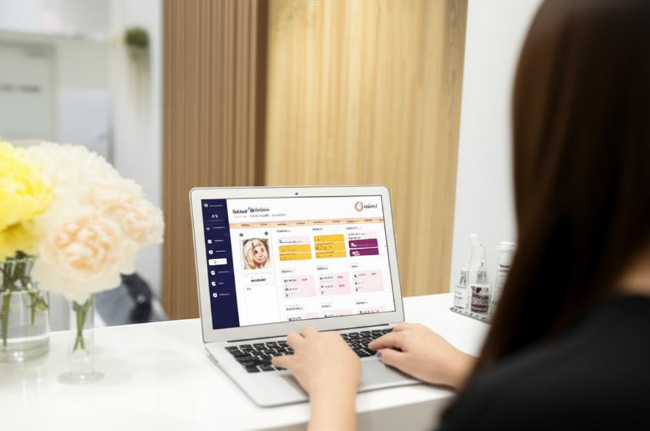 Nhân viên lễ tân tiệm làm đẹp sử dụng phần mềm quản lý offline Ebiz trên máy tính.