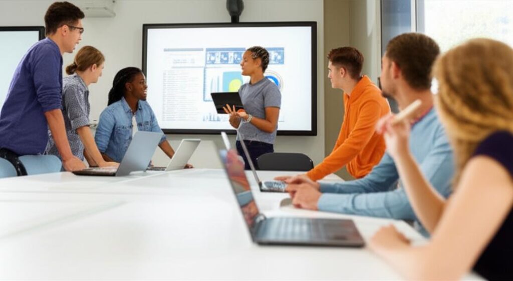 Lớp học hiện đại, giáo viên và học sinh sử dụng công nghệ để học tập hiệu quả.