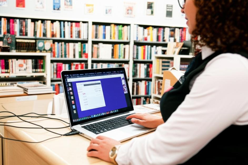 Nhân viên nhà sách sử dụng phần mềm quản lý trên máy tính.