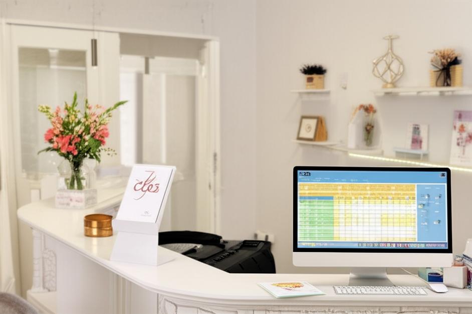 Phần mềm quản lý nhân viên cho thẩm mỹ viện offline hiển thị trên máy tính tại quầy lễ tân.