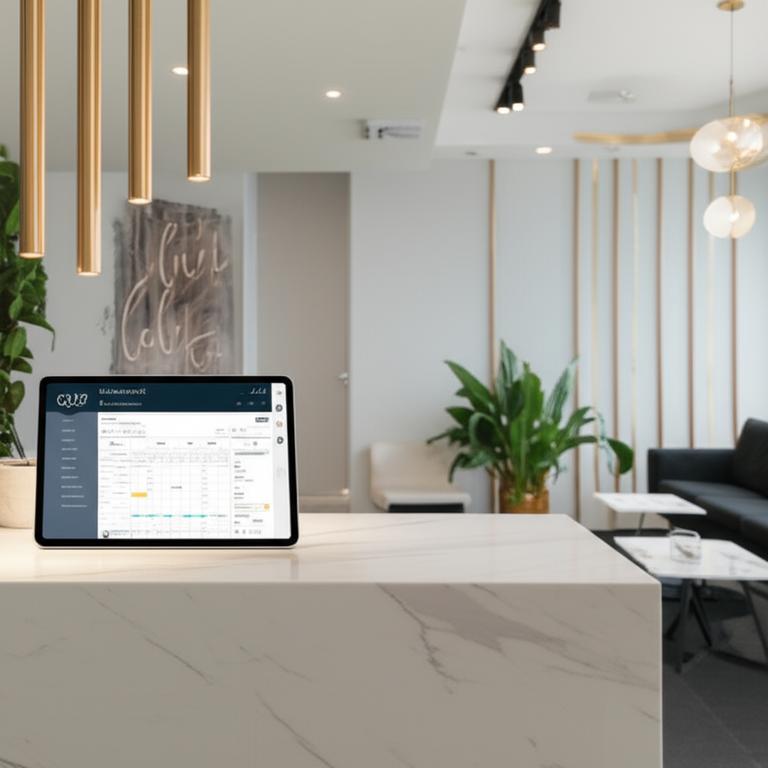 Giao diện phần mềm quản lý spa Ebiz hiển thị trên máy tính bảng tại quầy lễ tân.