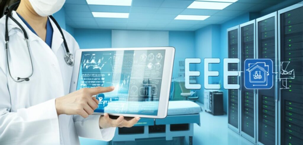 Bác sĩ sử dụng máy tính bảng hiển thị dữ liệu y tế trong phòng bệnh hiện đại, minh họa giải pháp Ebiz cho y tế số offline.