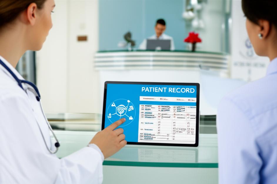 Giao diện phần mềm quản lý y tế thông minh offline trên màn hình máy tính tại phòng khám.