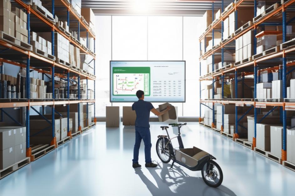 Phân Phối Sản Phẩm Xanh: Hướng Dẫn Toàn Diện Cho Doanh Nghiệp Bền Vững 1 Nhà kho hiện đại với sản phẩm xanh, xe điện và giao diện phần mềm Ebiz.