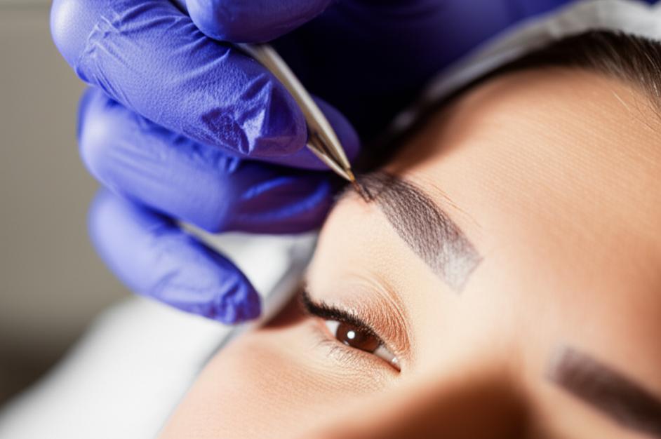 Kỹ thuật viên thực hiện phun xăm lông mày bằng microblading tinh tế.