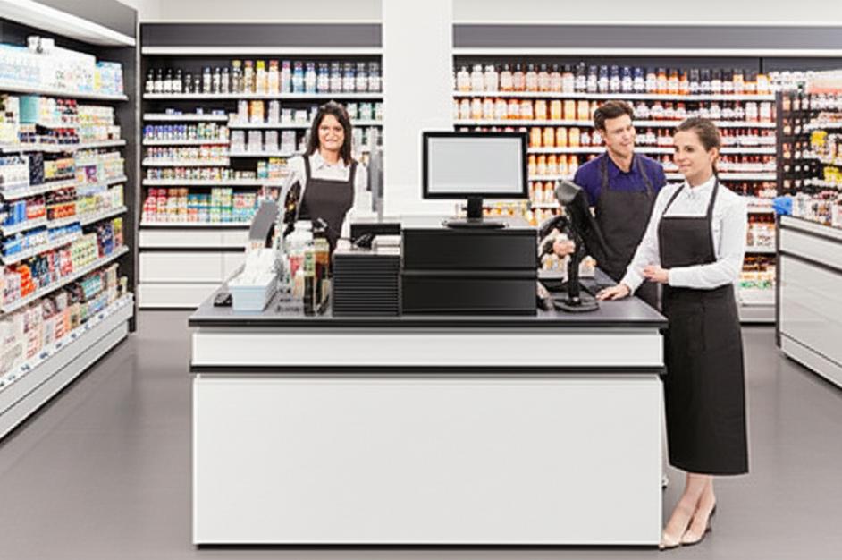 Cửa hàng bán lẻ hiện đại với hệ thống POS và nhân viên phục vụ khách hàng.