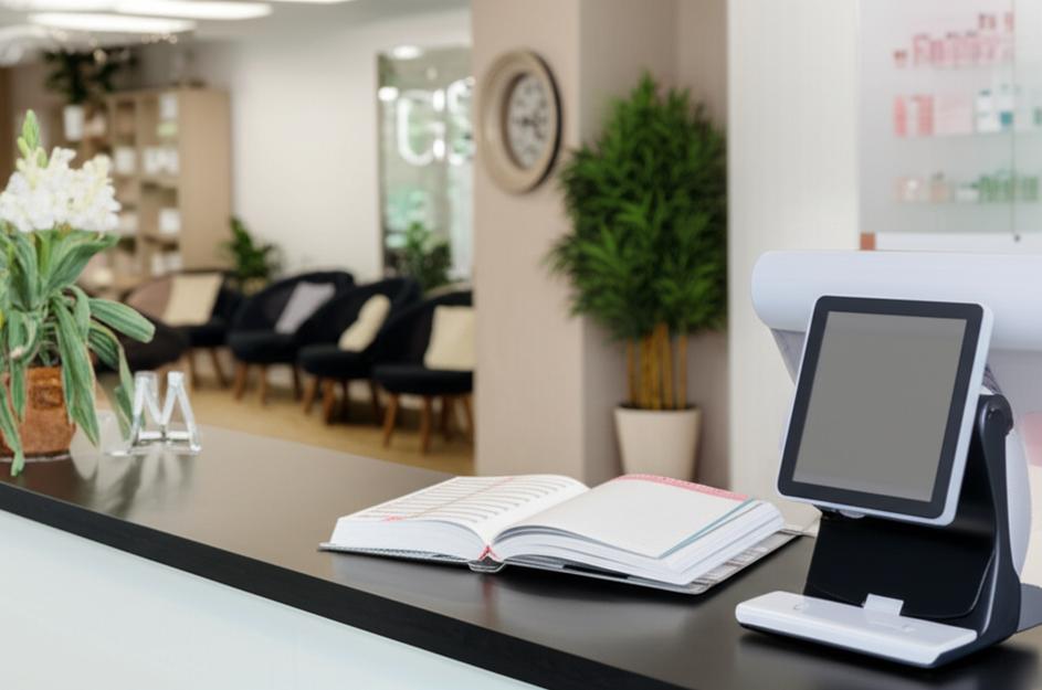 Quản lý Beauty Salon Hiệu Quả: Bí Quyết Vận Hành "Không Mạng" Vượt Trội 6 Quầy lễ tân beauty salon với sổ lịch hẹn và hệ thống POS ngoại tuyến Ebiz.