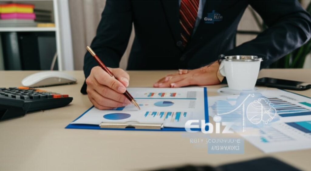 Doanh nhân xem báo cáo tài chính với sự hỗ trợ của phần mềm Ebiz.