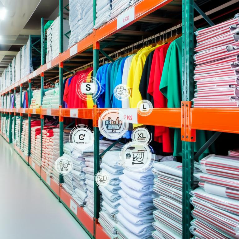 Kho hàng được tổ chức khoa học với sản phẩm phân loại theo size và màu sắc, thể hiện sự hiệu quả trong quản lý.