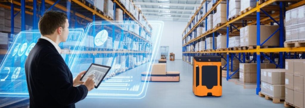 Nhà kho hiện đại với hệ thống quản lý thông minh và robot tự hành.