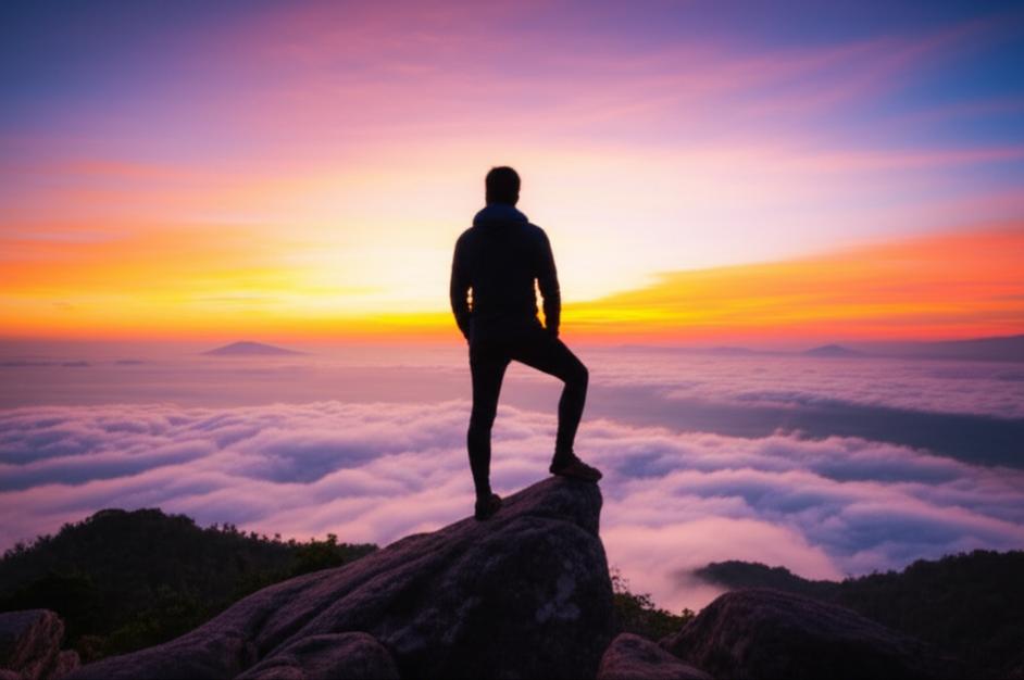 Bí Quyết Xây Dựng Sức Bền Tinh Thần: Vượt Qua Thử Thách Để Thành Công 2 Người nhìn ra bình minh trên đỉnh núi, biểu tượng của sự phục hồi.