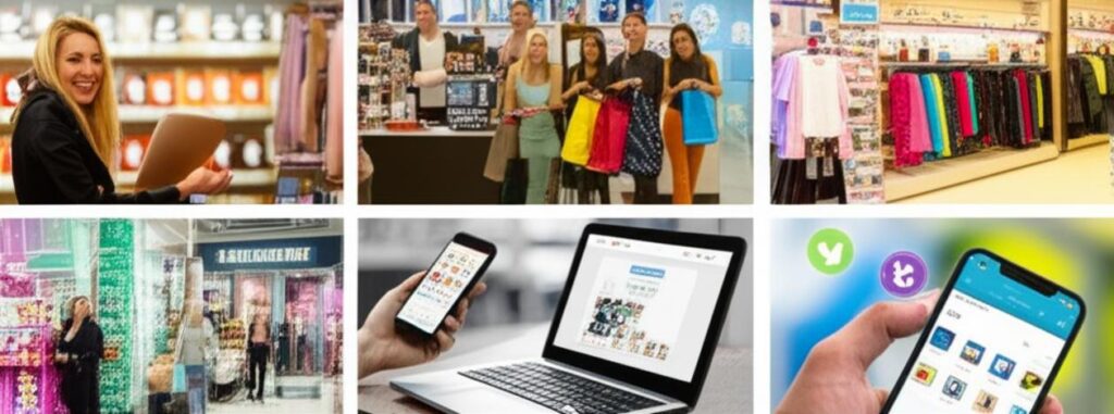 Collage showing physical stores, e-commerce websites, mobile apps, and social media logos, representing diverse retail channels.