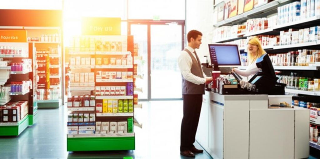 Nội thất cửa hàng bán lẻ hiện đại, trưng bày sản phẩm và quầy thanh toán.