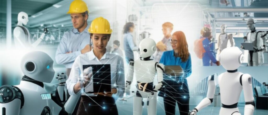 Con người và robot hợp tác trong công nghiệp, y tế và gia đình, thể hiện tương lai tự động hóa tích cực.