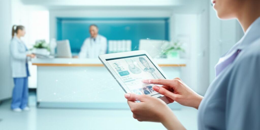 Giải pháp Số hóa Y tế: Quản lý Dữ liệu Hiệu quả, Nâng tầm Trải nghiệm Offline 3 Lễ tân phòng khám hiện đại sử dụng tablet, tượng trưng cho số hóa dữ liệu y tế từ tương tác offline.