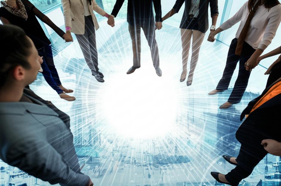 Nhóm người nắm tay tạo vòng tròn, năng lượng tỏa ra, tượng trưng cho sự cộng hưởng và kết nối.