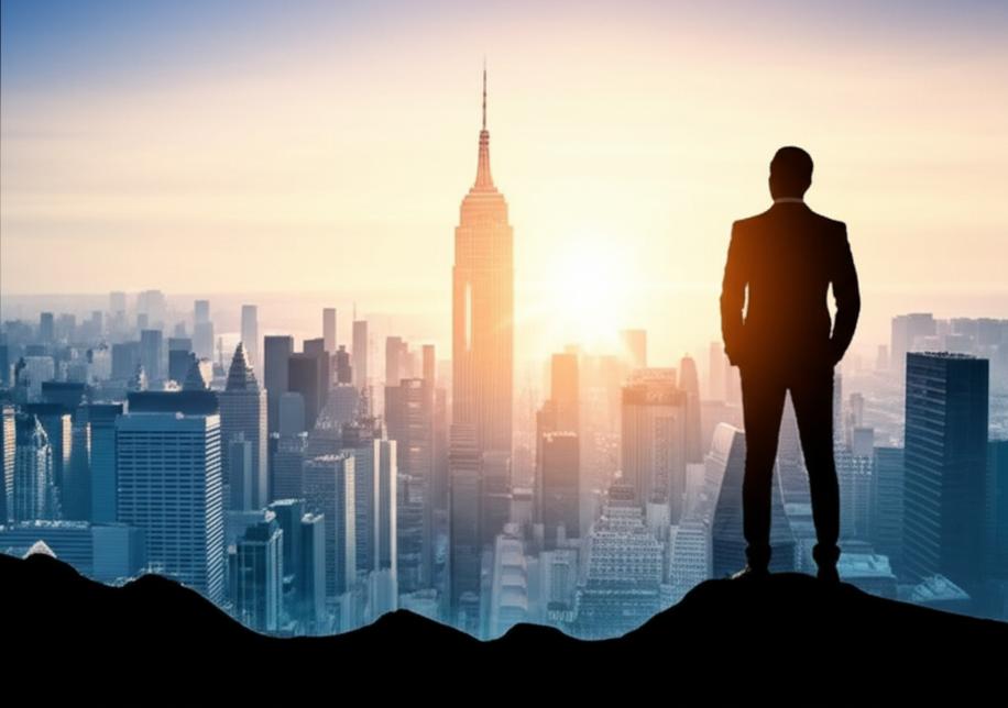 Tầm Nhìn Doanh Nhân: Chìa Khóa Thành Công Vượt Trội Trên Thị Trường 3 Doanh nhân nhìn về thành phố tương lai từ đỉnh núi.
