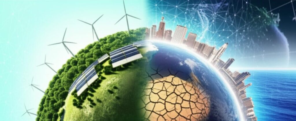 Hành tinh đối mặt với biến đổi khí hậu: tương phản giữa thiên nhiên khỏe mạnh và thảm họa thời tiết cực đoan.