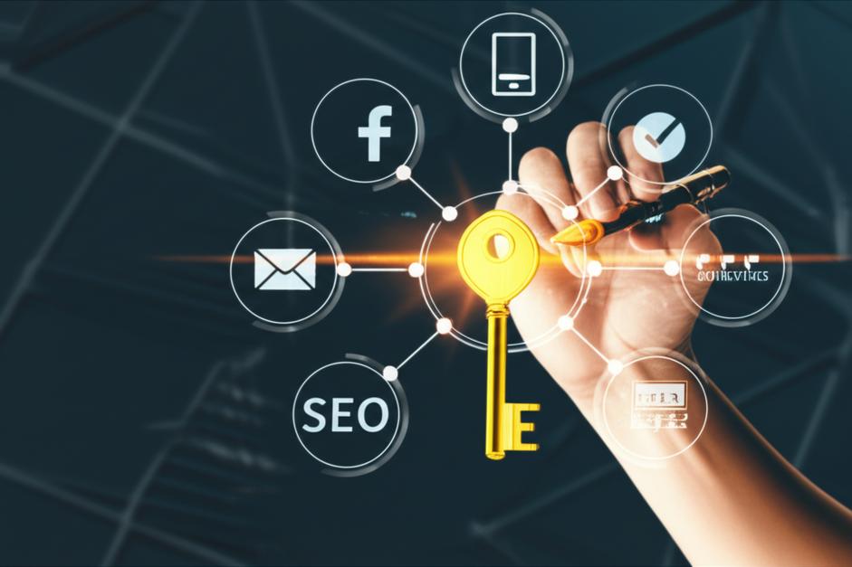 Biểu tượng tiếp thị toàn diện với chìa khóa vàng thành công.