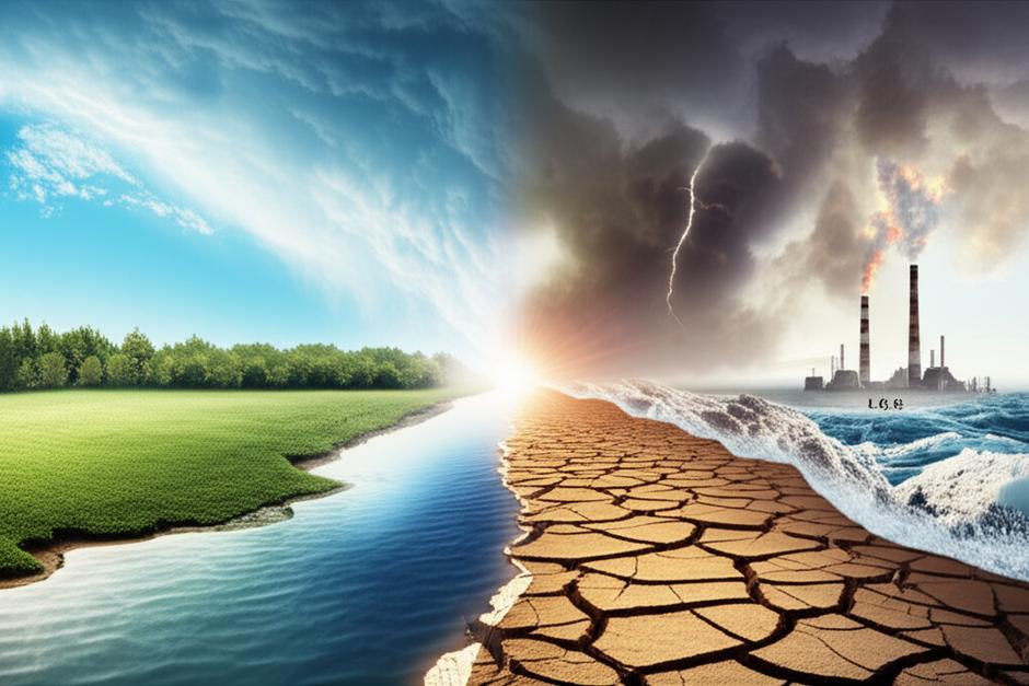 Tốc Độ Biến Đổi Khí Hậu: Hiểu Rõ Tác Động và Hành Động Cấp Bách 10 Hình ảnh tương phản thể hiện tốc độ biến đổi khí hậu: một bên là thiên nhiên tươi đẹp, một bên là sự suy thoái với thời tiết cực đoan và mực nước biển dâng.