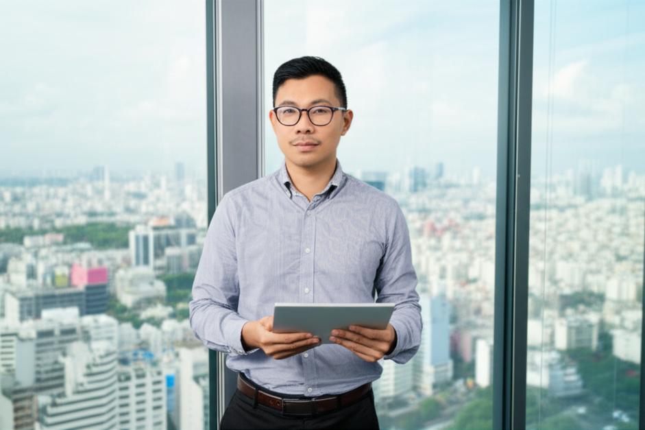 Người đàn ông Việt Nam tự tin với tư duy quản lý chiến lược trong văn phòng hiện đại.