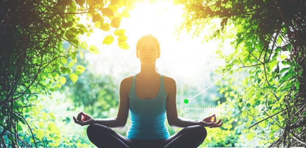 Người thiền định trong khu vườn, ánh sáng và công nghệ hiện đại.