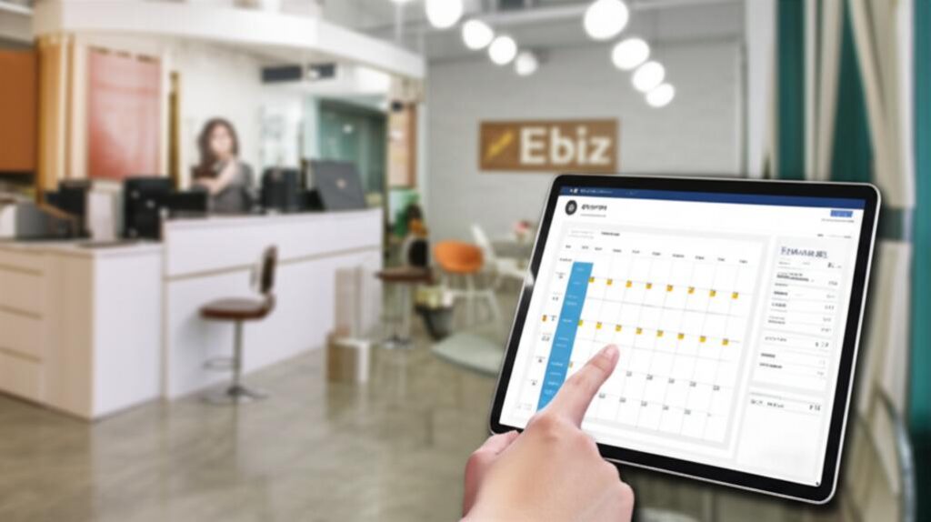 Giao diện phần mềm quản lý thẩm mỹ viện Ebiz trên máy tính bảng tại quầy lễ tân.