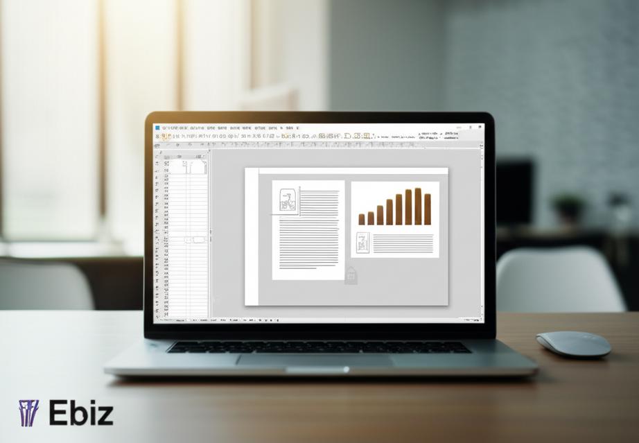 Bàn làm việc hiện đại với laptop hiển thị ứng dụng văn phòng offline, logo Ebiz.