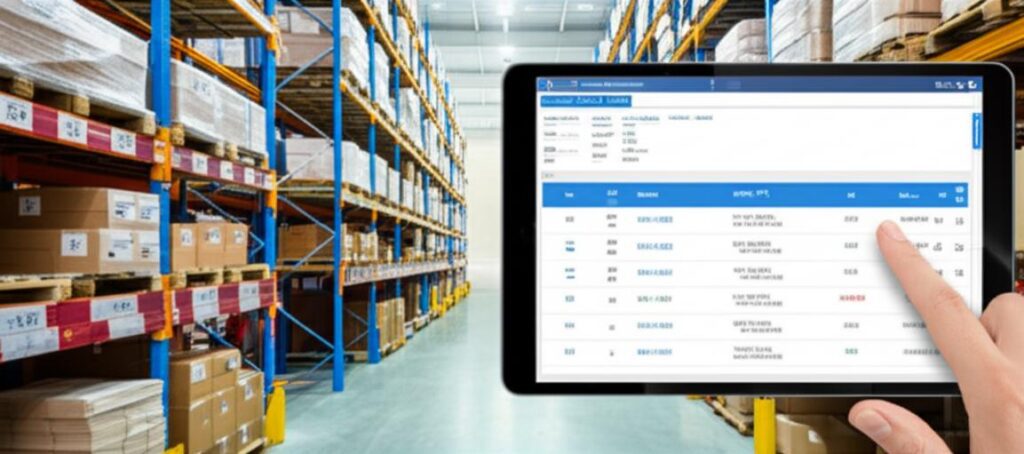 Giao diện phần mềm quản lý kho hiển thị đa đơn vị tính trên máy tính bảng đặt trong nhà kho hiện đại.