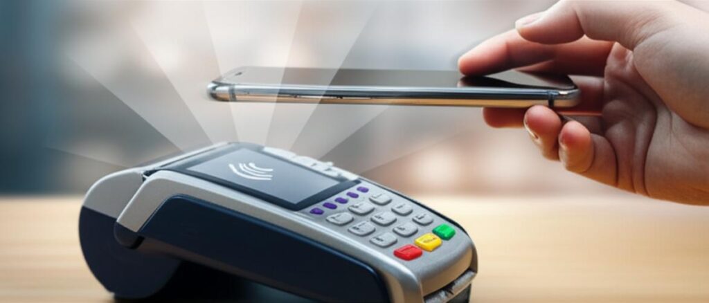 Minh họa thanh toán NFC: điện thoại chạm máy POS, giao dịch không chạm.