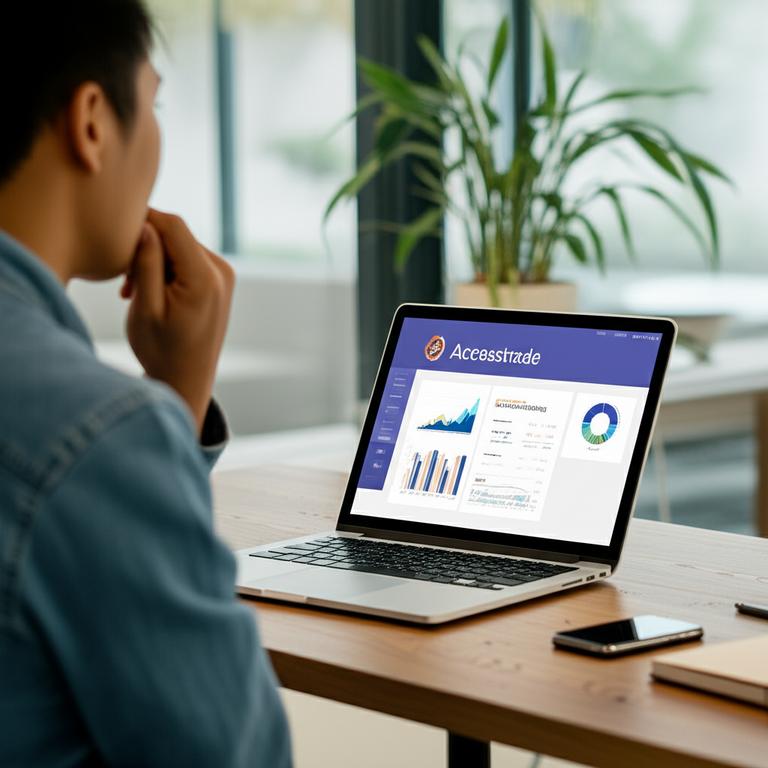 Người làm affiliate marketing với Accesstrade nhìn vào màn hình laptop.