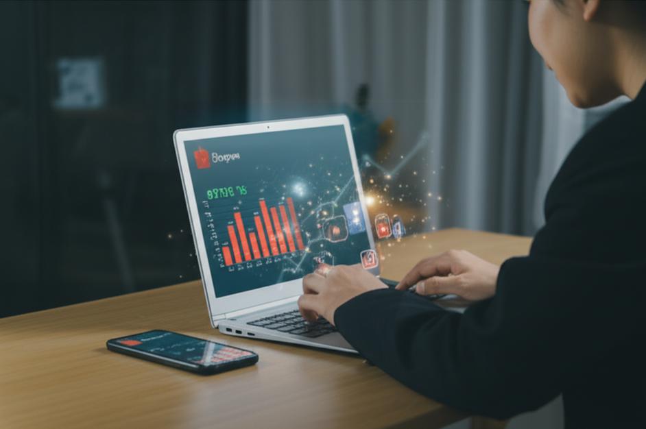 Người làm Affiliate Shopee vui vẻ nhìn màn hình laptop với biểu đồ tăng trưởng thu nhập.