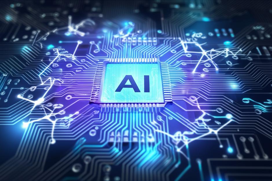 Bo mạch chủ AI hiện đại với hiệu ứng ánh sáng xanh và tím, biểu tượng cho xử lý dữ liệu thông minh.