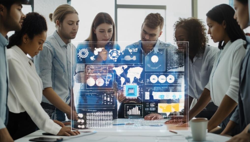 AI Cho Marketing: Bí Quyết Tăng Trưởng Doanh Thu Bứt Phá Cho Doanh Nghiệp 10 Chuyên gia marketing làm việc với AI và dữ liệu phức tạp.