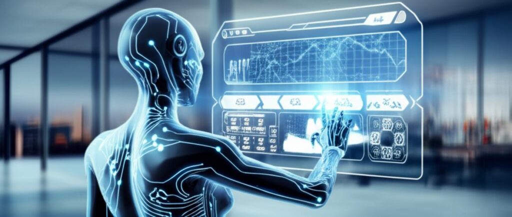 AI tác nhân tương tác với giao diện ba chiều trong môi trường công nghệ cao.