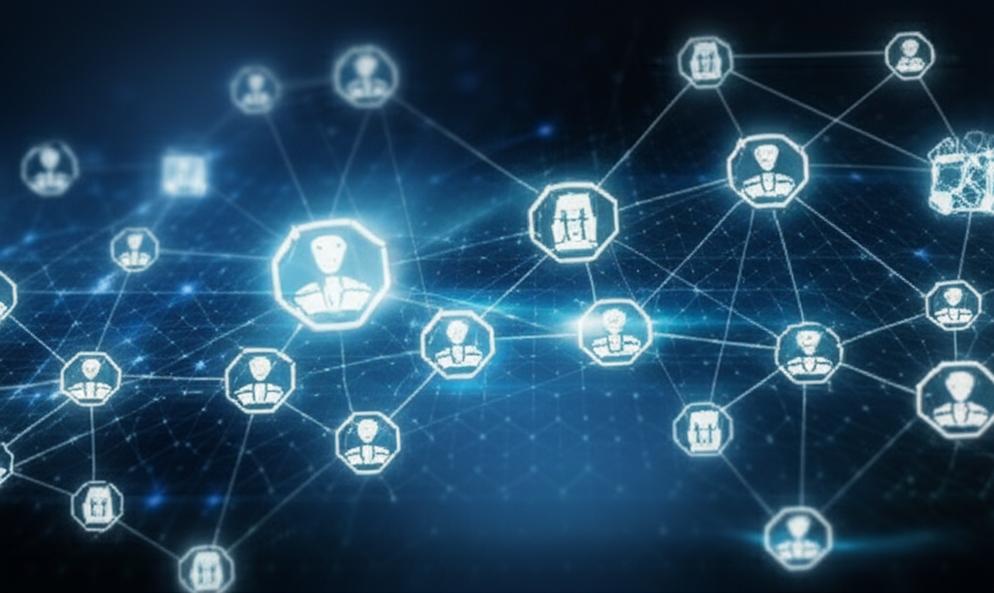 Hình ảnh minh họa các tác nhân AI thế hệ mới kết nối và tương tác trong không gian kỹ thuật số.