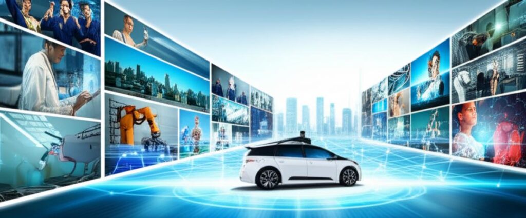 Phần mềm bán hàng offline 5 Thành phố tương lai với các ứng dụng AI đa dạng, từ y tế đến giao thông và công nghiệp, thể hiện sự tích hợp công nghệ tiên tiến.